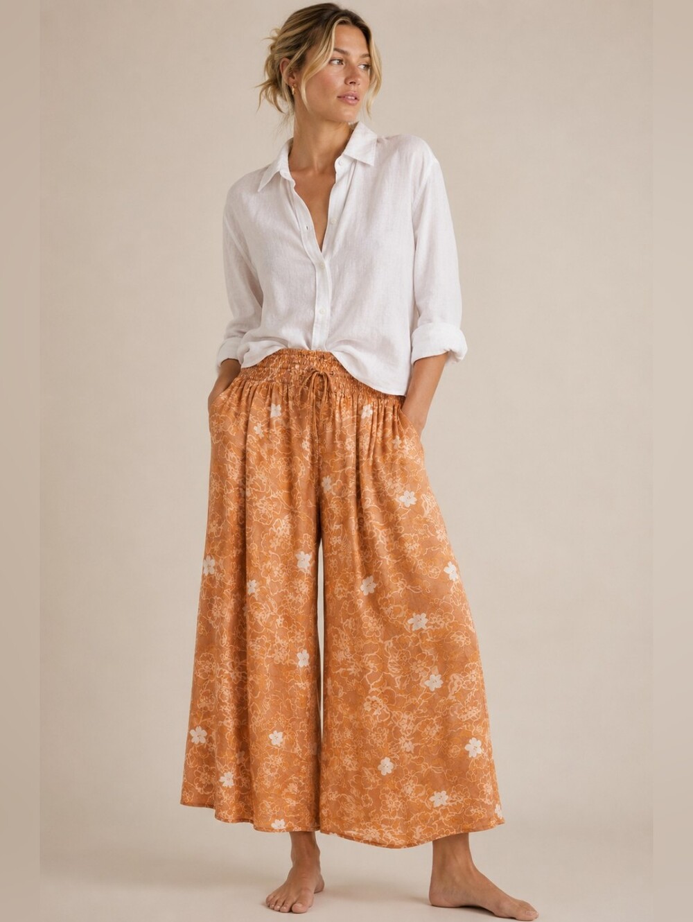 Peach Floral Print Smocked Waist Wide Leg Crop Pants, L, Coastal, Boho, Euro